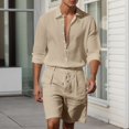 thumbnail image 2 of NAFUU Men's 2 Pieces Outfits Linen Sets For Men Long Sleeve Button Down Shirt And Drawstring Waist Shorts Summer Casual Beach Outfits Trendy Holiday Outfits, 2 of 4