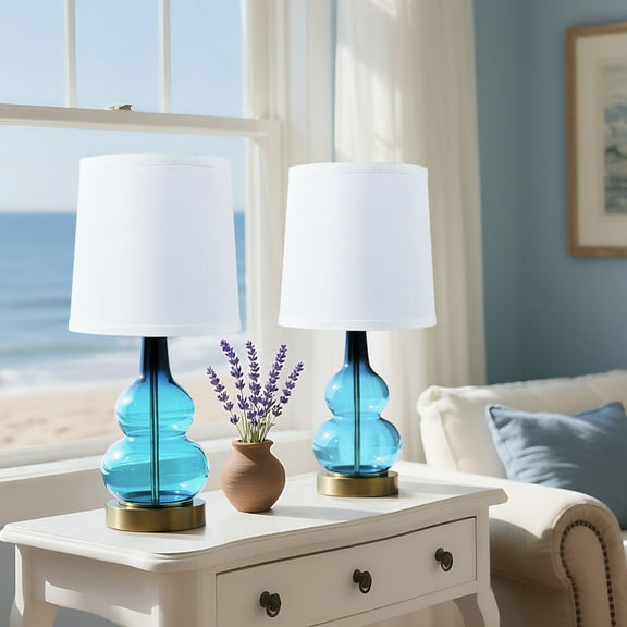 4 Set Modern Blue Glass Double Gourd Table Lamp With Antique Bronze Base,Clear Elegant Curved Design With Beige Linen Shade,17.5 Inch Nightstand Desk Lamps(Bulb Not Included)  ﻿