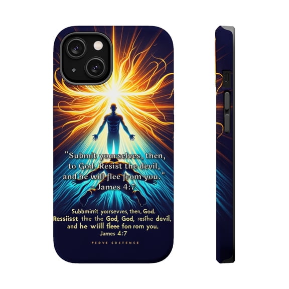 DistinctInk Tough Case for Apple iPhone 15 PLUS (6.7" Screen), Compatible with MagSafe Charging - "Submission to God: James 4:7 - Resisting the Devil"