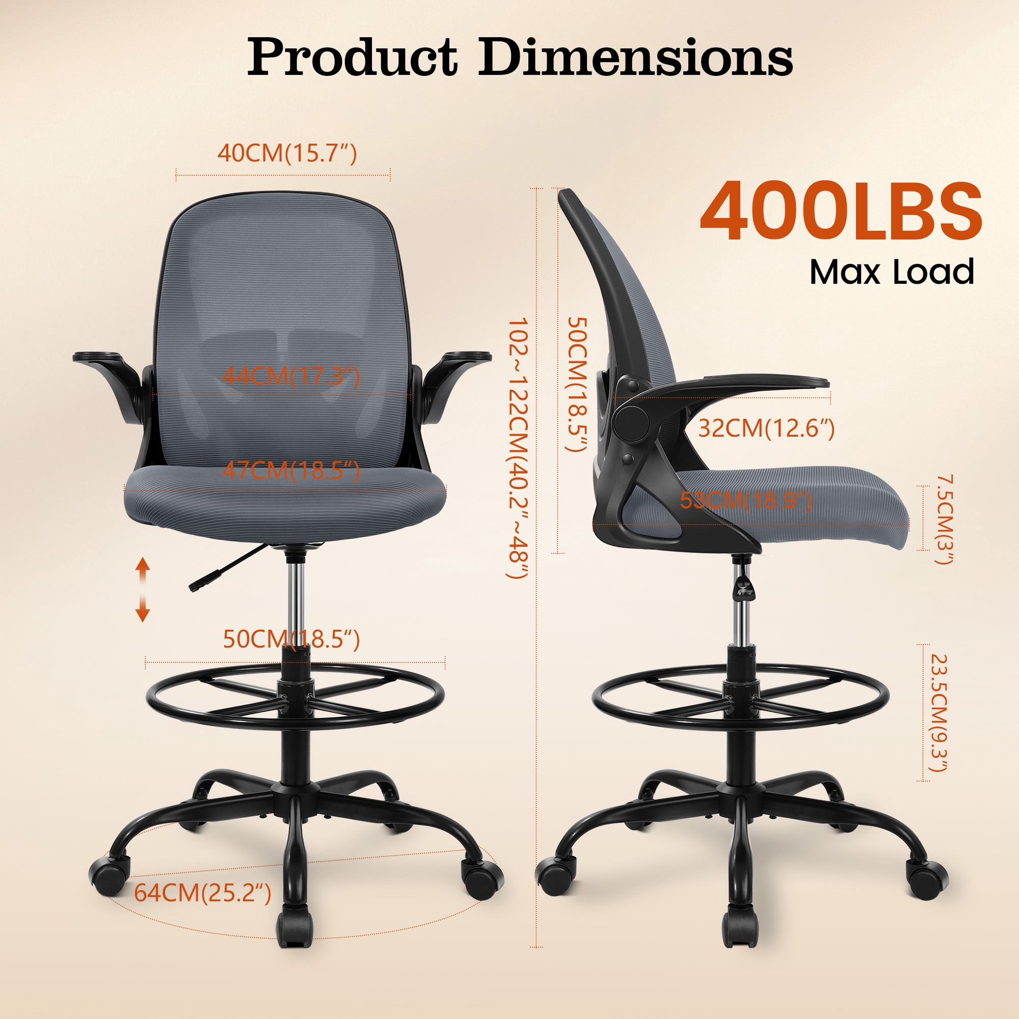 COOLHUT Tall Office Chair 400lbs with Footrest Ring, Standing Desk Chair with Flip-up Armrests, Adjustable Swivel Rolling Mesh Standing Desk Stool with Lumbar Support for Adults, Dark Gray