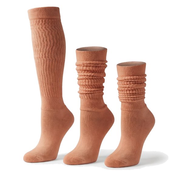 AWS/American Made 2 Pairs Heavyweight Slouch Socks Women, Peach Cotton Knee High Mid Calf Boot Scrunch Socks, Retro 80s 90s, Size 5-10
