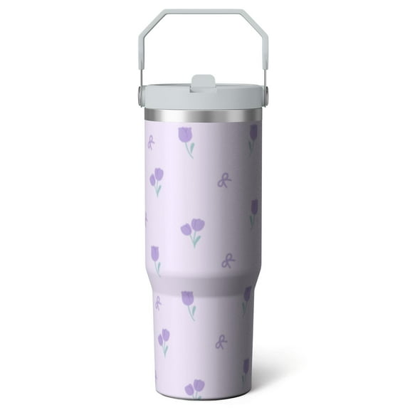 1pc Purple flowers 30oz Tumbler with Straw & Handle - Insulated Stainless Steel Cup | Holiday Gift for Man Women (Christmas, Valentine's, Birthday)