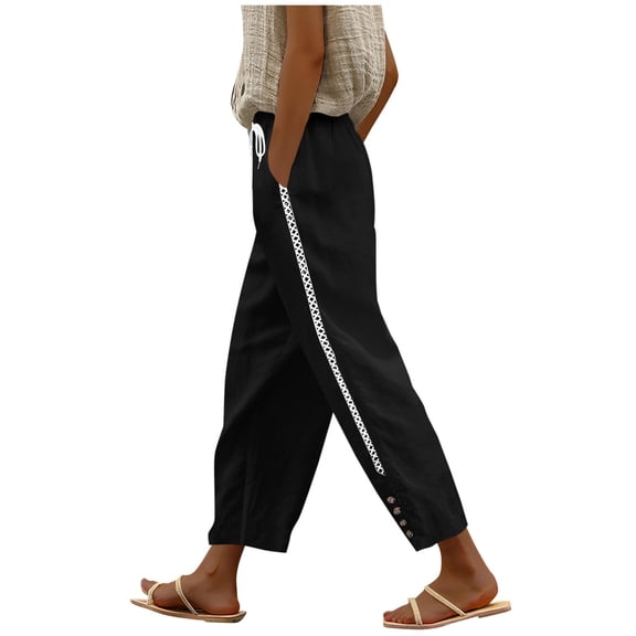 Linen Pants for Women Side Button Down Lightweight Elastic Waist Trousers Loose Casual Capri Pant with Pockets Black XL