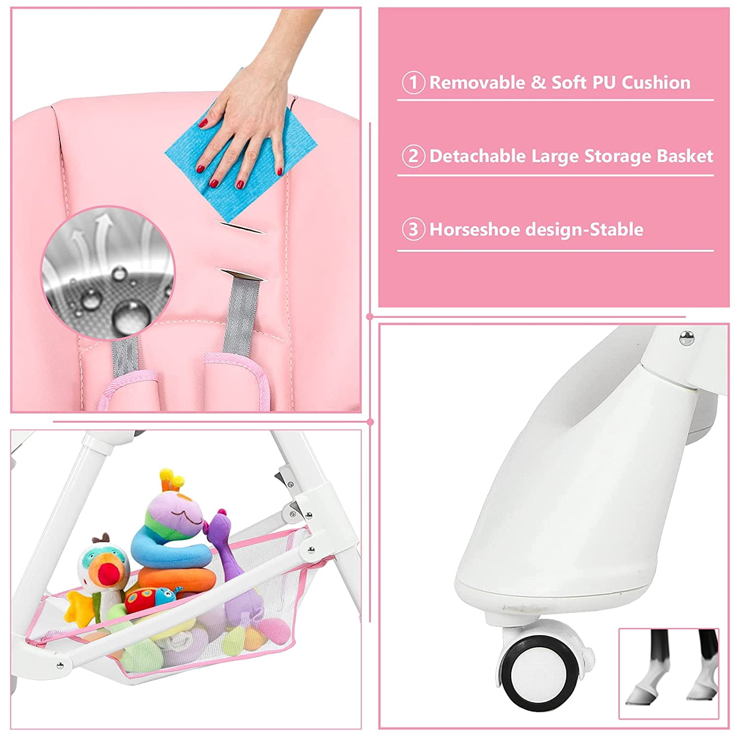 INFANS High Chair with One-Hand Removable Tray, 4 Lockable Wheels & Large Storage Basket - Multi-Adjustable Height, Footrest, Removable Cushion, Foldable for Baby, Infant& Toddler, Pink