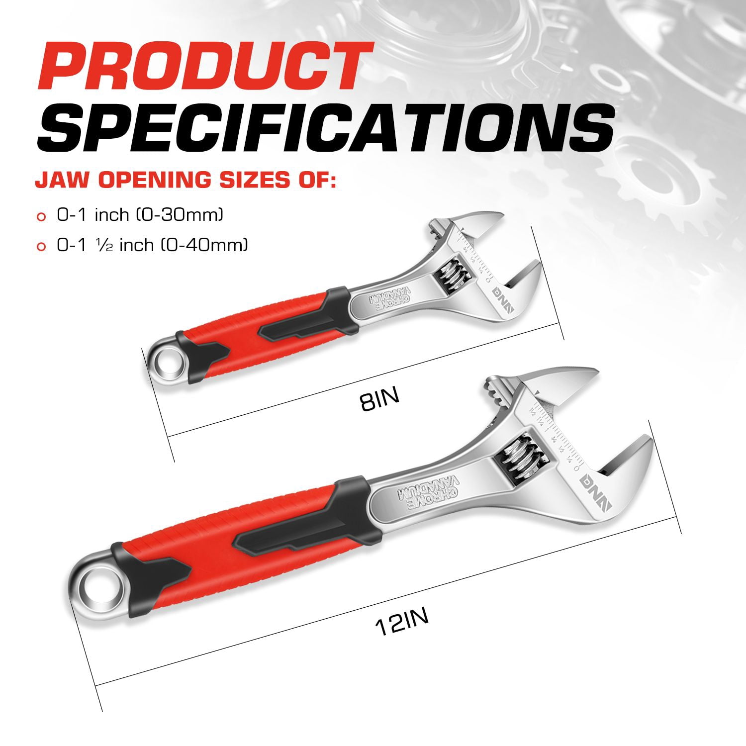 8"+12" Durable 1-1/4" / 1-5/8" Jaw Opening Adjustable Wrench W/Rubberized Grips