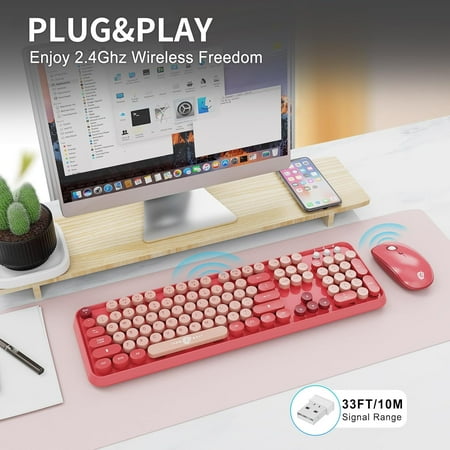 HRTGFD-Wireless Keyboard and Mouse Combo 2.4 GHz Wireless Full-Sized Typewriter Keyboard with Round Keycaps for Windows Computer Desktop PC Laptop (BerryPink) HRTGFD-Wireless Keyboard and Mouse Combo 2.4 GHz Wireless Full-Sized Typewriter Keyboard with Round Keycaps for Windows Computer Desktop PC Laptop (BerryPink)