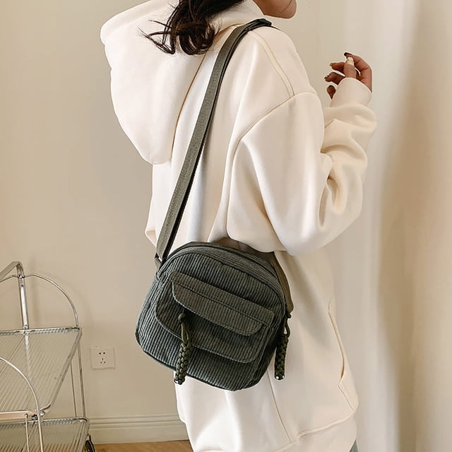 Bolso bandolera de pana para mujer con cremallera, moderno bolso de tela informal de color liso con estilo universitario, bandolera pequeña de un solo hombro.