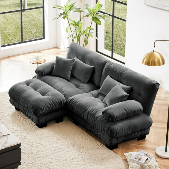 Cloud Couch Chenille Sectional Sofa for Living Room - 2 Seater Upholstered Wide Arm Sofa in Vintage Gray with Convertible Ottoman & Lumbar Pillows