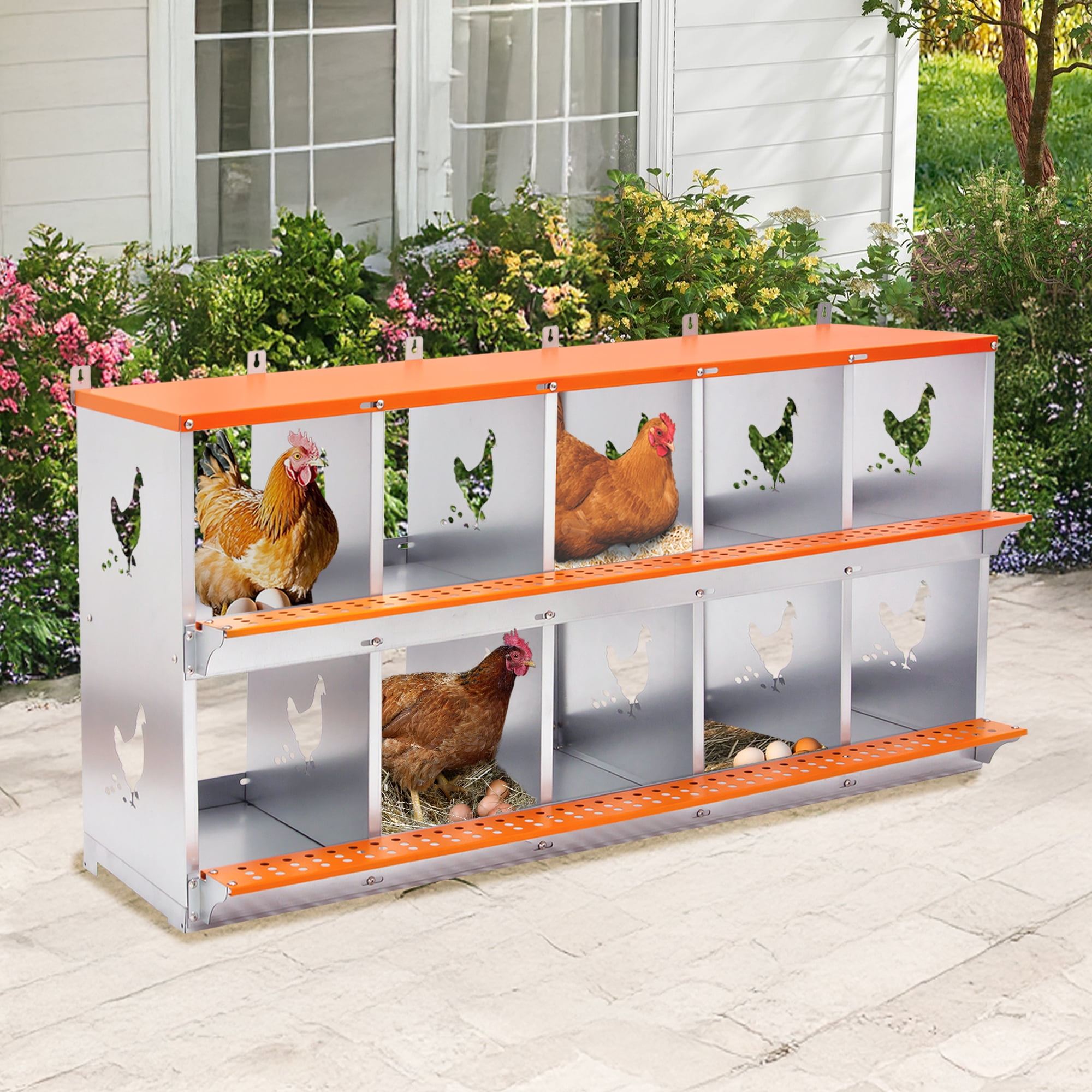10-Bay Metal Poultry Nest Box, Orange Wall Mount Nesting Box for Hens and Ducks, Galvanized Steel Coop Accessory with Coconut Fiber Pad, Vented Design for Easy Egg Collection