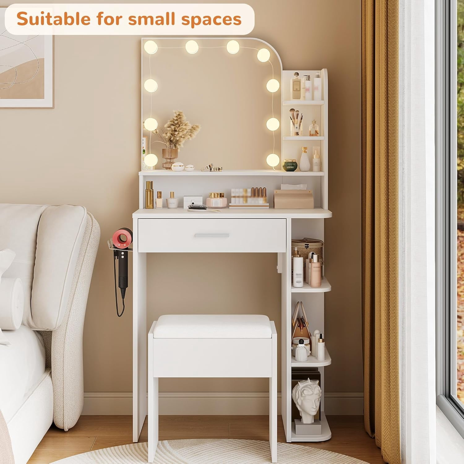 Vanity Set with Mirror and Lights, Small Makeup Vanity Desk with Stool, Charging Station, 26.4" Compact White Vanity for Small Spaces, 3 Color Lighting Modes