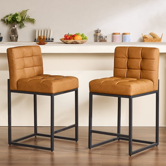 GrandNoor Modern Counter Height Bar Stools Set of 2,25 inch Checkered Wiring Thick Upholstered Barstools with Back Sturdy Metal Legs, Brown Faux Leather Counter Stools for Kitchen Island