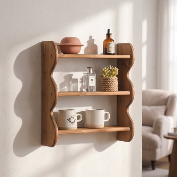 100% Solid Wood Wall Shelf 3-Tier – Rustic Floating Shelves Wall Mounted Storage Rack, Farmhouse Decor Hanging Shelf Display for Apartment, Living Room, Bedroom