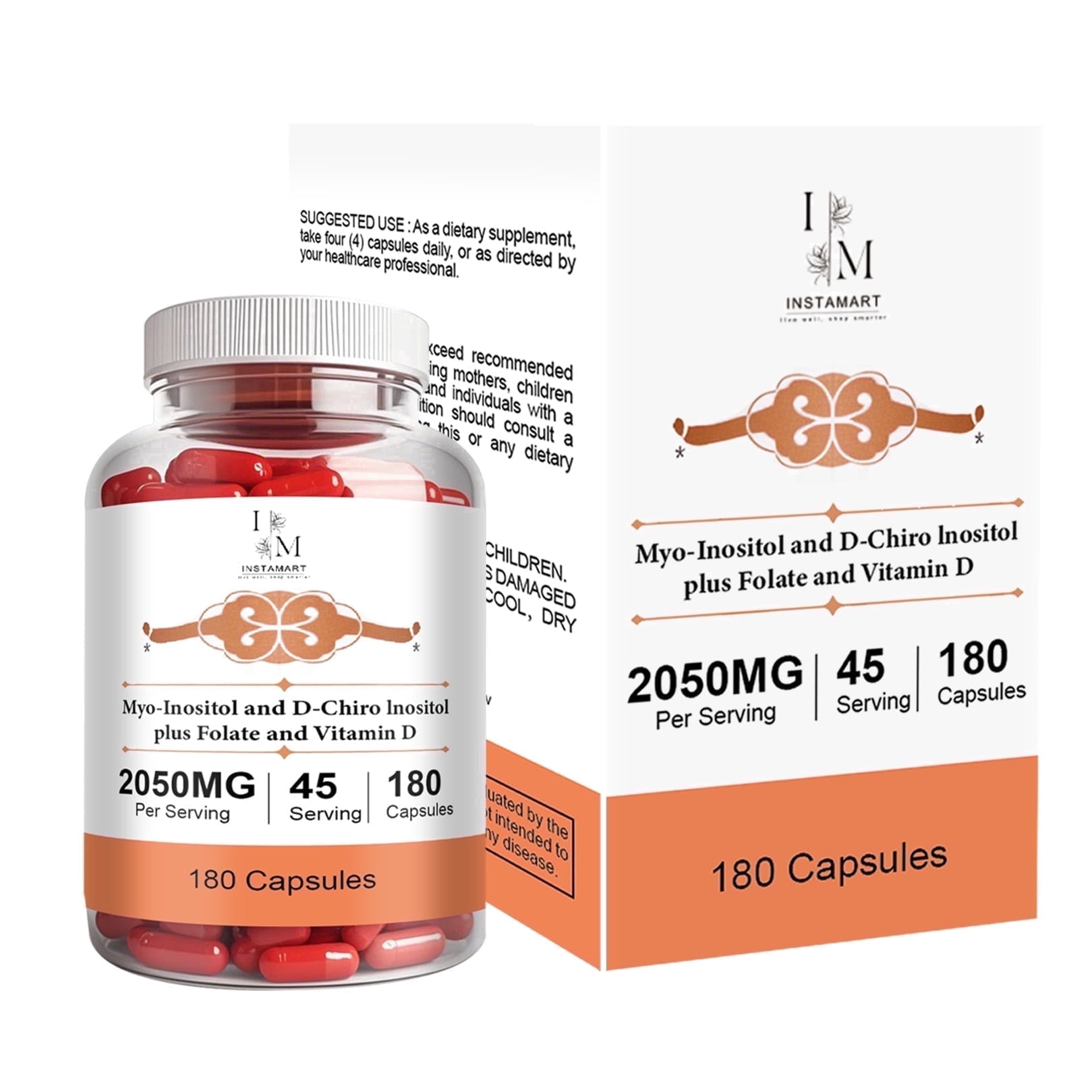 INSTAMART Myo-Inositol & D-Chiro Inositol Supplement for Women | 2050mg, Balanced 40:1 Ratio | Plus Folate & Vitamin D for Hormonal Balance, Regular Cycles & Ovarian Health | 180 Vegetarian Capsules