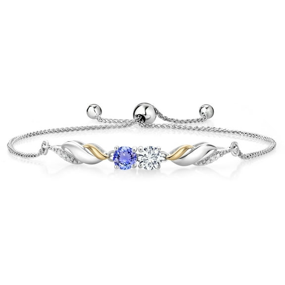 Gem Stone King 0.98 Ct E-F Lab Grown Diamond Blue Tanzanite 925 Silver and 10K Yellow Gold Bracelet for Women