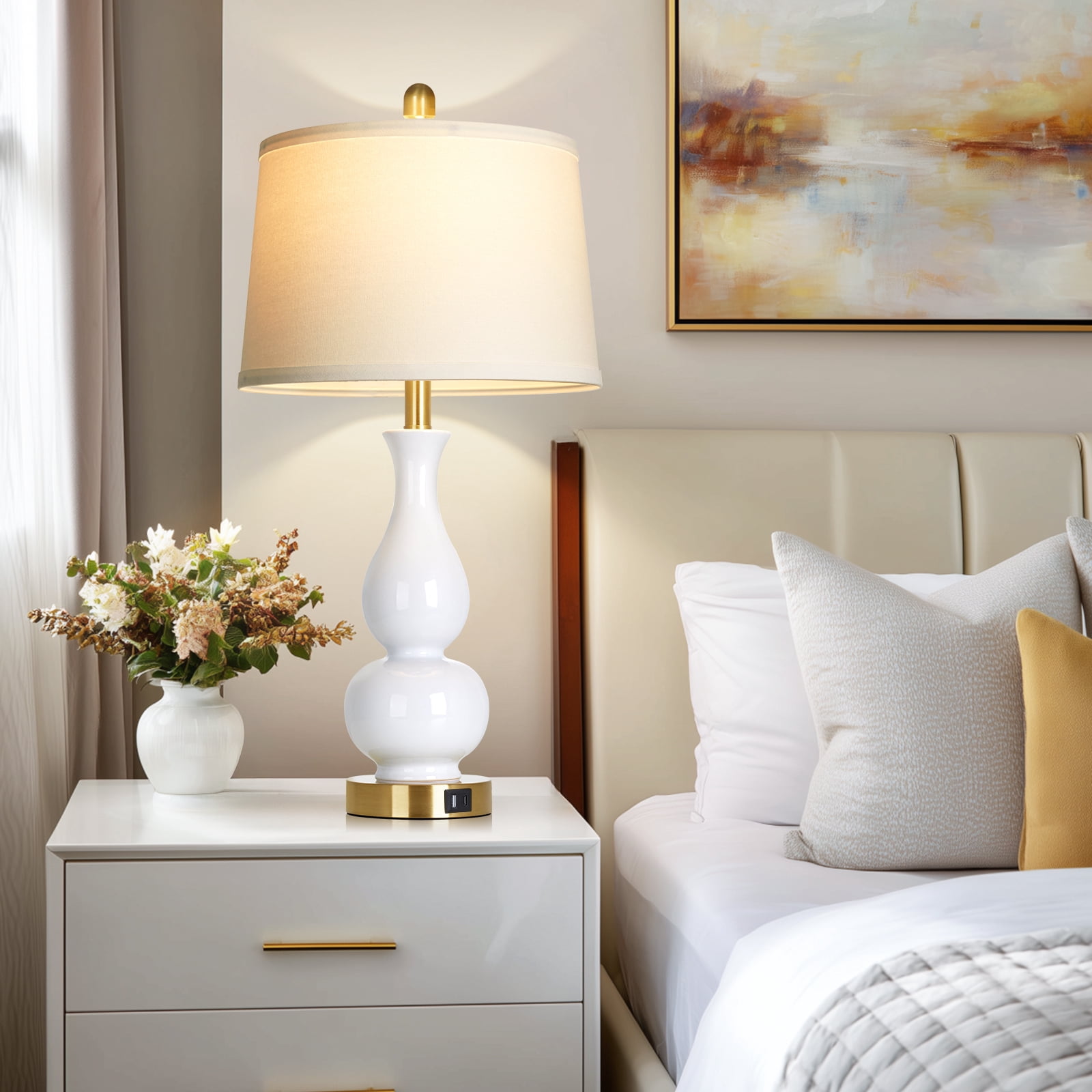 Lolikit 27" Modern Ceramic Table Lamp Set of 2 for Bedroom Living Room,Farmhouse Bedside Nightstand Lamp with USB Charging Port,LED Bulbs Included