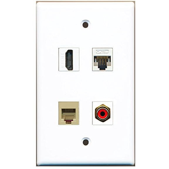 RiteAV - 1 Port HDMI 1 Port RCA Red 1 Port Phone RJ11 RJ12 Beige 1 Port Cat5e Ethernet White Wall Plate