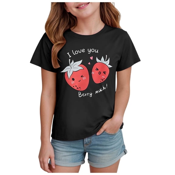 YDFCWXW Girl's Love You Berry Much Cute Strawberry Graphic Casual Crew Neck T-Shirt (Black, 7-8 Years)