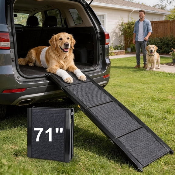 71" Foldable Dog Car Ramps for Medium Large Dogs up to 250LBS with Non-Slip Rug Surface, Portable Dog Ramp for Car, Pet Ramp Stairs, Dog Stairs for Car, Steps for Dogs to Get in Car, SUV & Truck