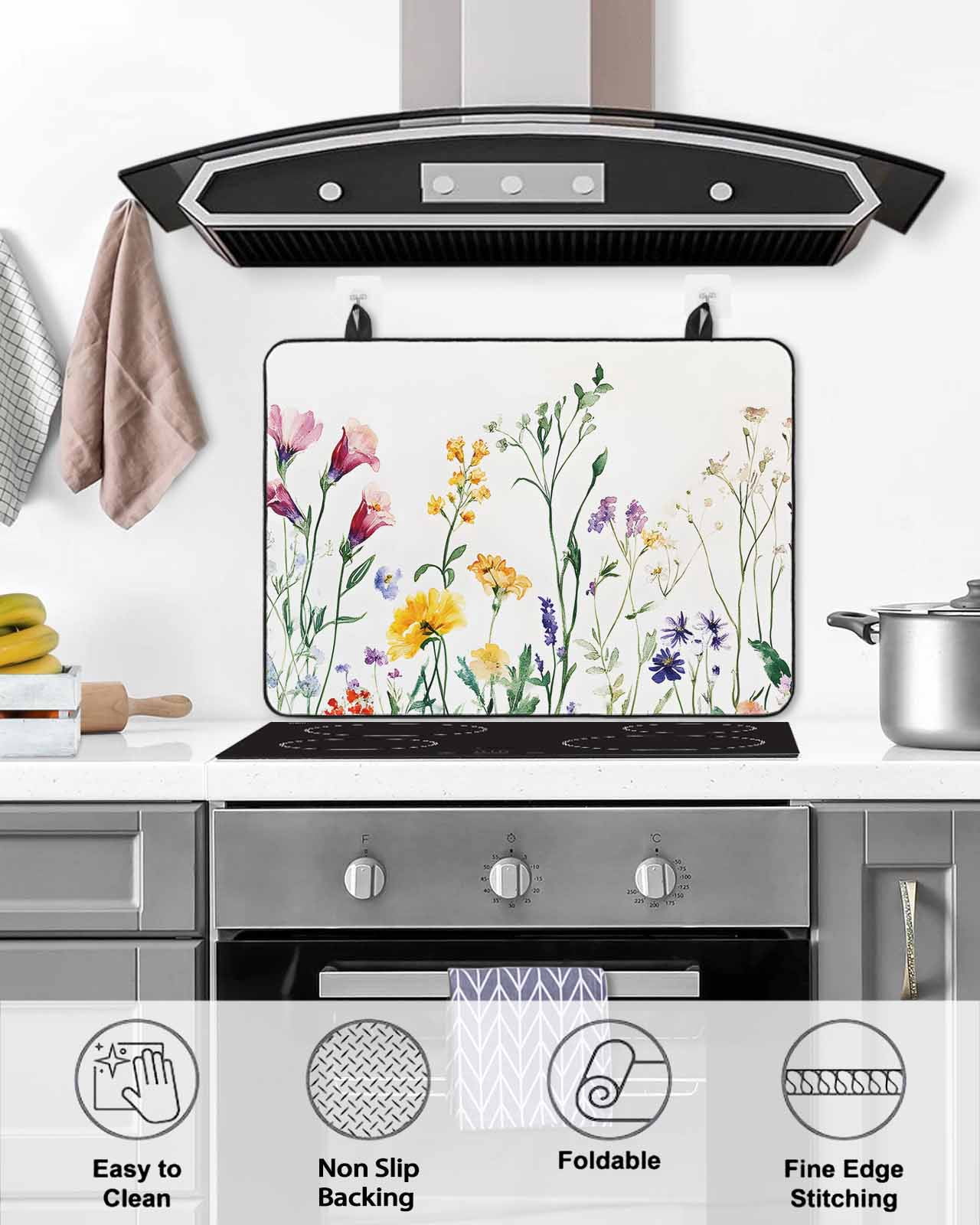 nqOlkjepod Large Induction Cooktop Protector Mat 24"x21", Botanical Floral Stove Top Covers for Electric Stove, Farmhouse Watercolor Floral Decorative Stove Burner Cover Mats, Glass Top Stove Cover