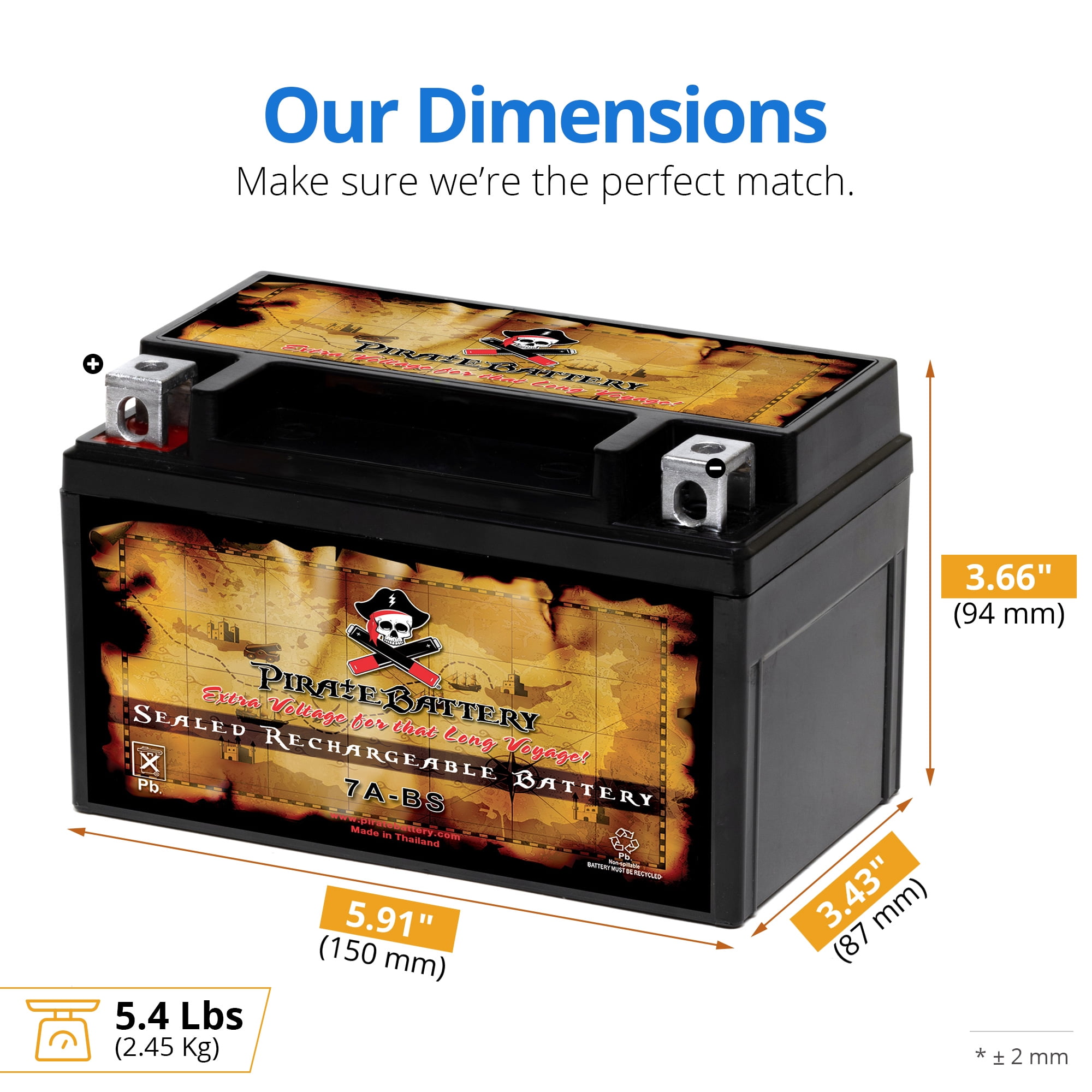 Pirate Battery Ytx7a-bs (7a-bs 12 Volts,6 Ah, 100 Cca) High Performance - Maintenance Free - Sealed AGM Motorcycle Battery