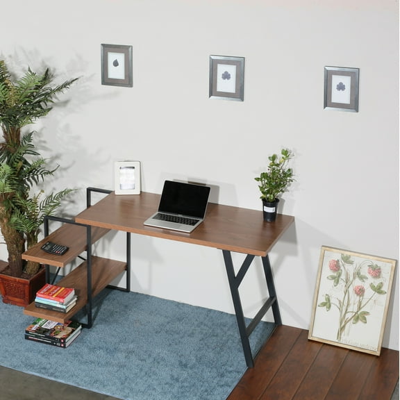 L - Shaped Home Office Desk with 2 Walnut Shelves