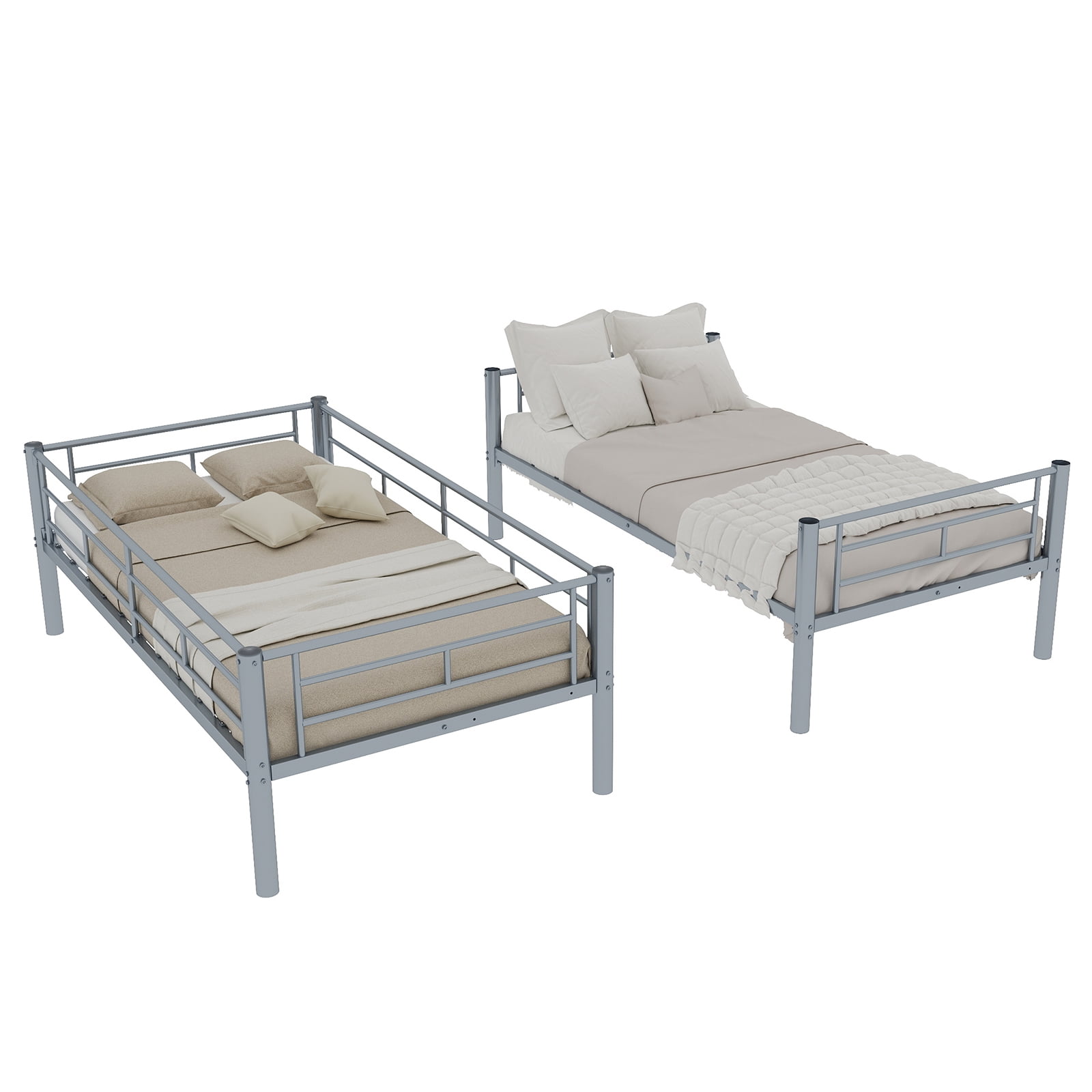 Twin Over Twin Metal Bunk Bed for Kids, Rust-Resistant Powder-Coated Steel Frame with Full-Length Safety Guardrail & Wide Step Ladder, Converts to Two Beds, Silver