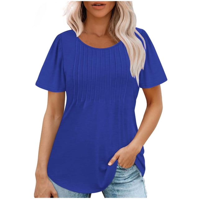 Hauts d'Été à Manches Courtes Femme Mode 2024 Blouses Plissées Chic Décontractées Col Ras du Cou T-Shirts de Couleur Unie (Grand, Bleu)