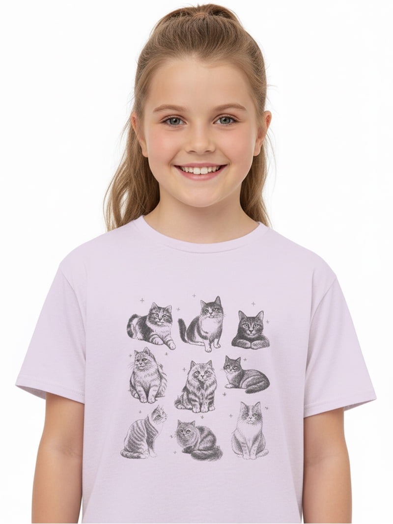 Wonder Nation Girls Cats Graphic Tee with Short Sleeves, Cotton