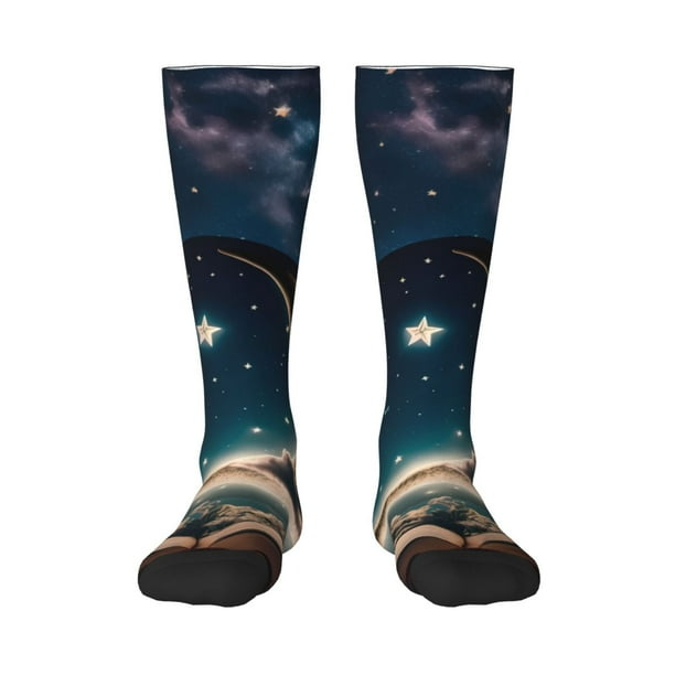 Fotbe Artistic Starry Sky Moon Book Calcetas Divertidas Estampadas para Hombre y Mujer, Calcetas de Algodón hasta la Rodilla para Caminar, Correr, Enfermería y Embarazo