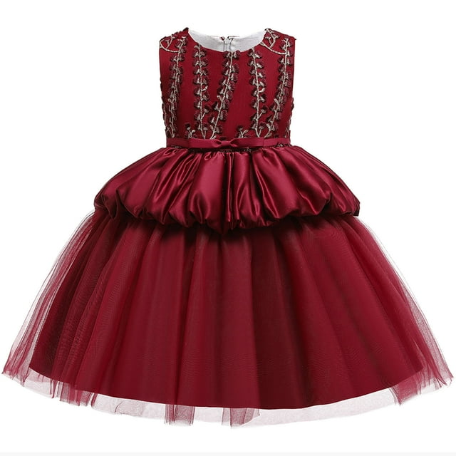 Vestido Para Niñas, Ropa Para Niñas Pequeñas, Color Sólido, Bordado De Hojas, Hilo De Red, Lazo, Fiesta De Cumpleaños, Vestido De Flores, Vestidos Para Niños, Borgoña Odeerbi LM103-8831