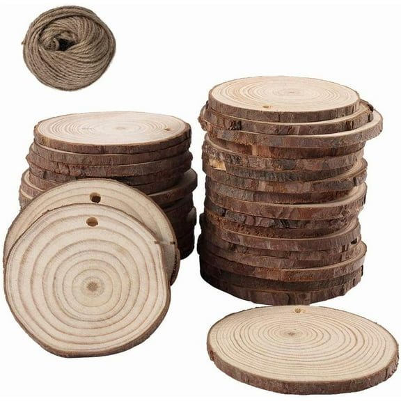 1 Set 34pcs Natural Wood Slices with Bark Easter Decorations 1.5 Inch Diameter Drilled Hole Unfinished Log Wooden Circles for DIY Crafts Ornaments