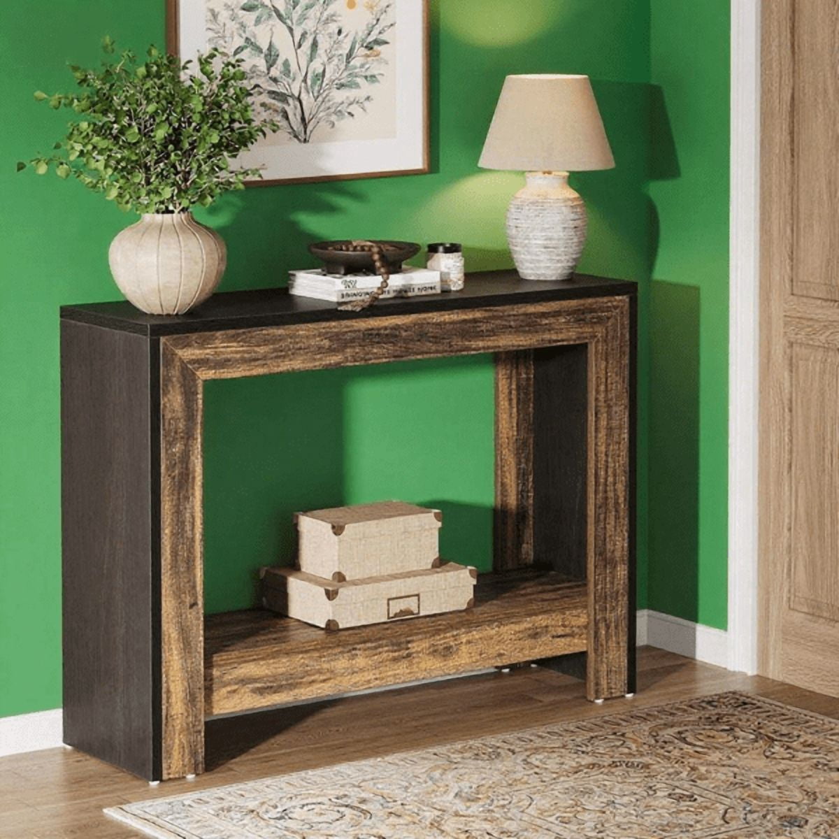 41.3" Farmhouse Console Table - Black Finish with Brown Accents, E1 Particleboard, Open Lower Shelf, Versatile for Entryway, Hallway, Living Room, Behind Couch