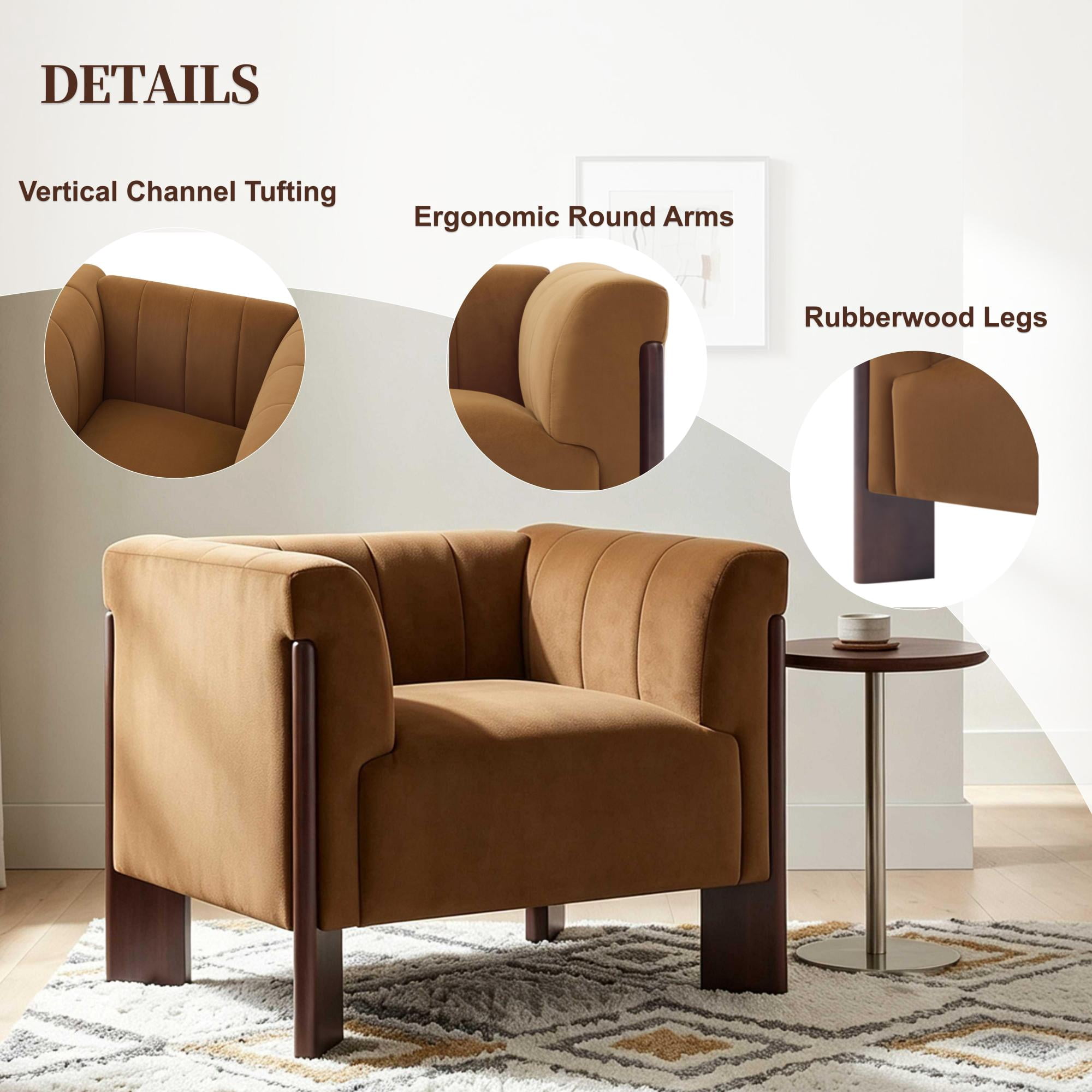 Leumius Modern Accent Chair, Velvet Single Sofa Chair with Tight Back, Round Arms, Vertical Channel Tufted Back and Walnut Rubber Wood Legs for Living Room, Bedroom or Reading Corner, Brown