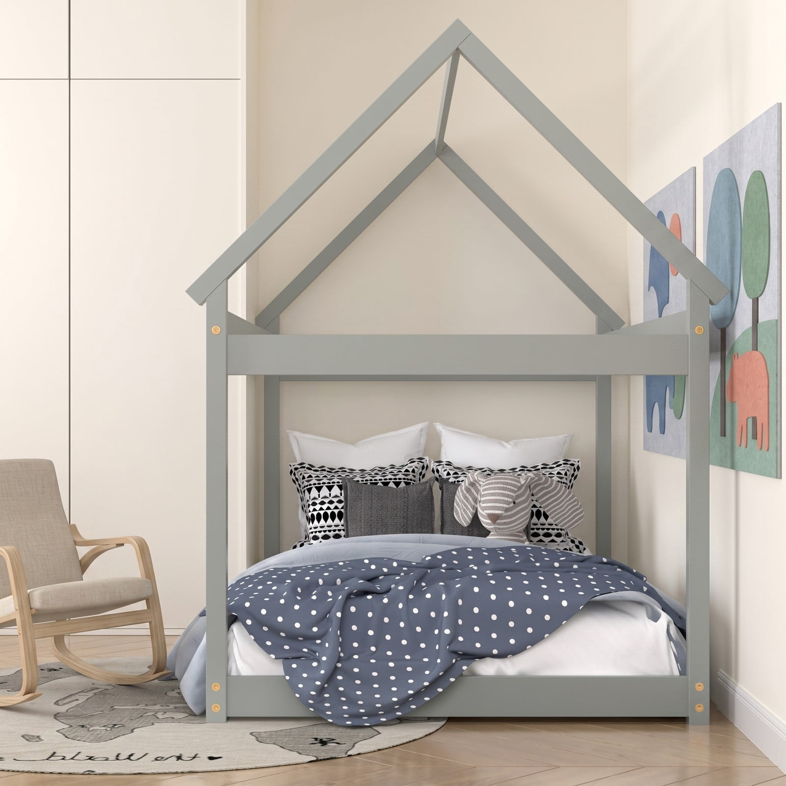 Furnibear Kids House Floor Bed Frame with Roof and Heavy-Duty Slats for Boys and Girls Bedroom with Montessori Design, Gray