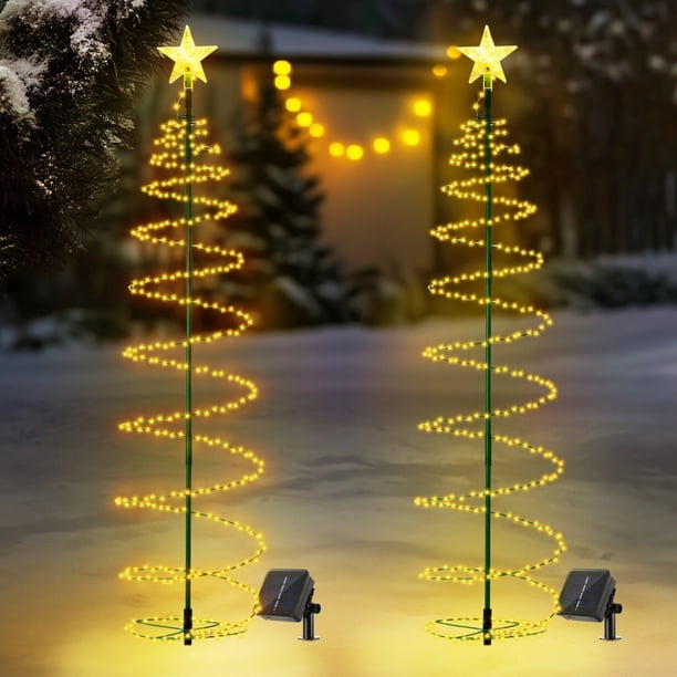 2 luces LED solares de metal para árbol de Navidad, decoración de luz solar de césped, luz solar en espiral para árbol de Navidad, luces solares impermeables para exteriores para patio y jardín