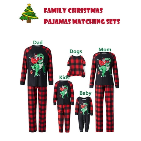 

Christmas Family Matching Pajamas Set Dinosaur Santa Claus Print T-shirt with Plaid Pants for Adult Baby Kid Dog