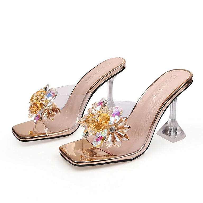 Ladies Summer Fashion Glass With Flower Rhinestone High Heels