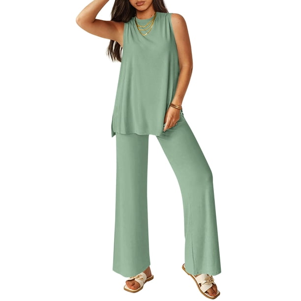 Conjunto Deportivo PRETTYGARDEN Mujer 2 Piezas Top sin Mangas y Pantalón Palazzo de Pierna Ancha L