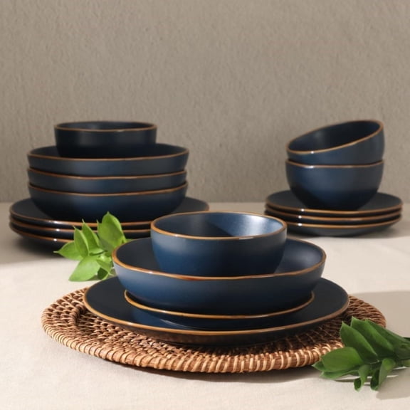 16-Piece Navy Blue Stoneware Dinnerware Set Plates and Bowls, Durable Ceramic Kitchen Dinner Set