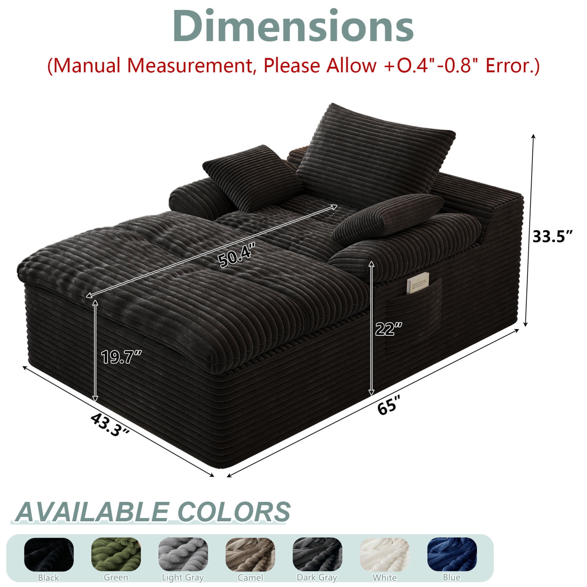 HOQBN 65" Chaise Lounge Chair Indoor,Oversized Boneless Sofa Bed with 3 Pillows,Cloud Reading Chair for Living Room Bedroom, Deep Seat Sleeper Couch, No Assembly Required,Black