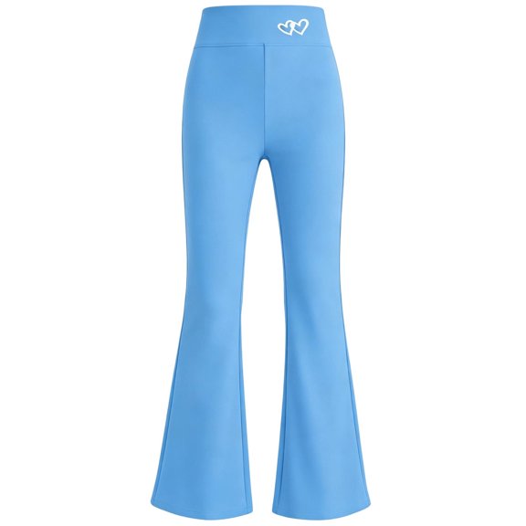 Girls High Waist Heart Embroidery Flared Yoga Pants, Elastic Stretch Solid Color Kids Bell Bottom Trousers for Spring Autumn Daily Casual Dance Sport Wear(Sky Blue,8-9 Years)