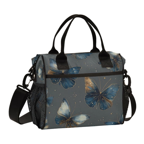 Large Insulated Lunch Bags for Women Men Leakproof Thermal Meal Lunch Tote Bag for Office Work Picnic Travel Brown-blue Butterfly Pattern 9L