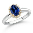thumbnail image 2 of Gem Stone King 925 Sterling Silver and 10k Yellow Gold Blue Created Sapphire and White Lab Grown Diamond Halo Engagement Ring for Women (1.13 Cttw, Gemstone September Birthstone, Oval 7X5MM, Size 5), 2 of 4