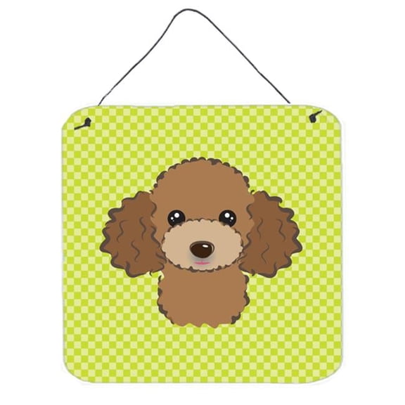 Checkerboard Lime Green Chocolate Brown Poodle Aluminum Metal Wall Or Door Hanging Prints, 6 x 6 In.