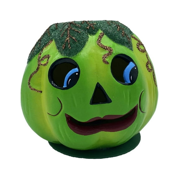 421-4 - Schaller Paper Mache Candy Container - Green Beaded Jack-O-Lantern - 6"H x 7"W x 7"D