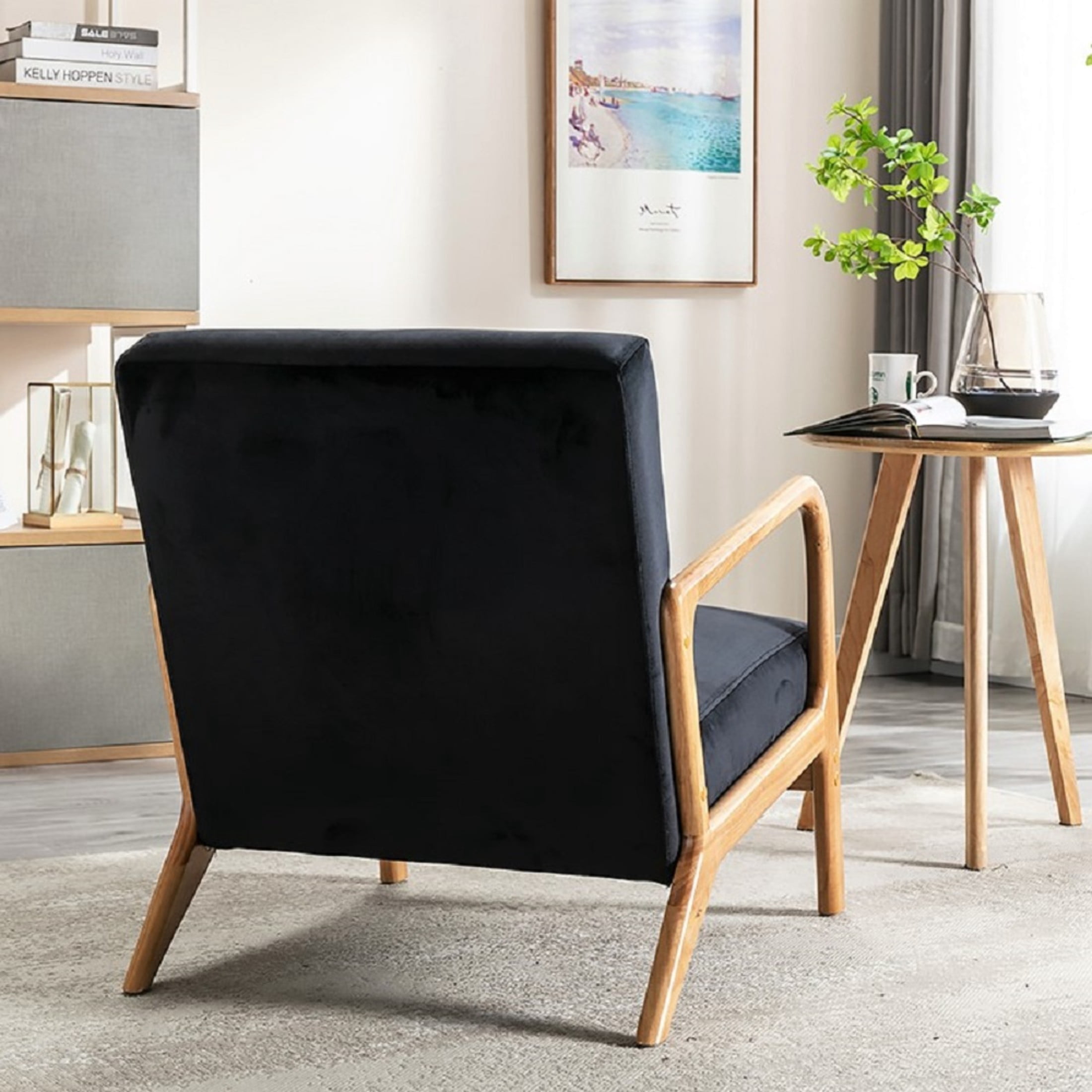 GDF Studio 32.7" Mid-Century Modern Accent Chair with Open Wood Frame, Plush Velvet Upholstery, Black