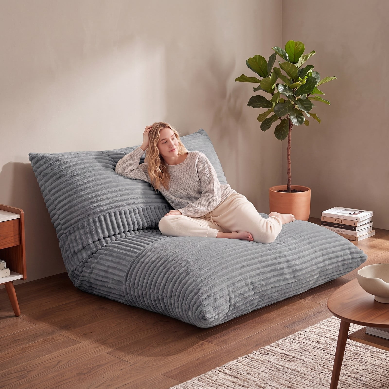 Furnibear 3-in-1 Large Bean Bag Chair, Convertible Corduroy Lounger Bed Sofa with Plush Sponge Fill and Washable Zippered Cover for Bedroom Dorm Living Room, Light Gray