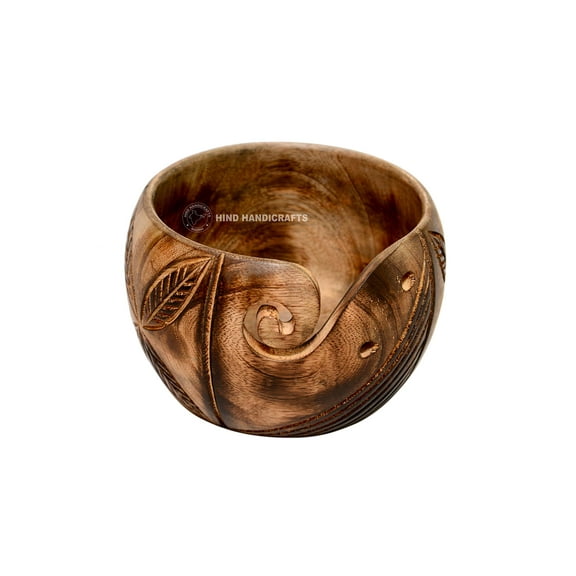 Hind Handicrafts Premium Solid Dark Handmade Crafted Wooden Portable Antique Yarn Storage Bowl - Holder for Knitting Crochet Hook Accessories (6" x 6" x 4", Torched Leaf)