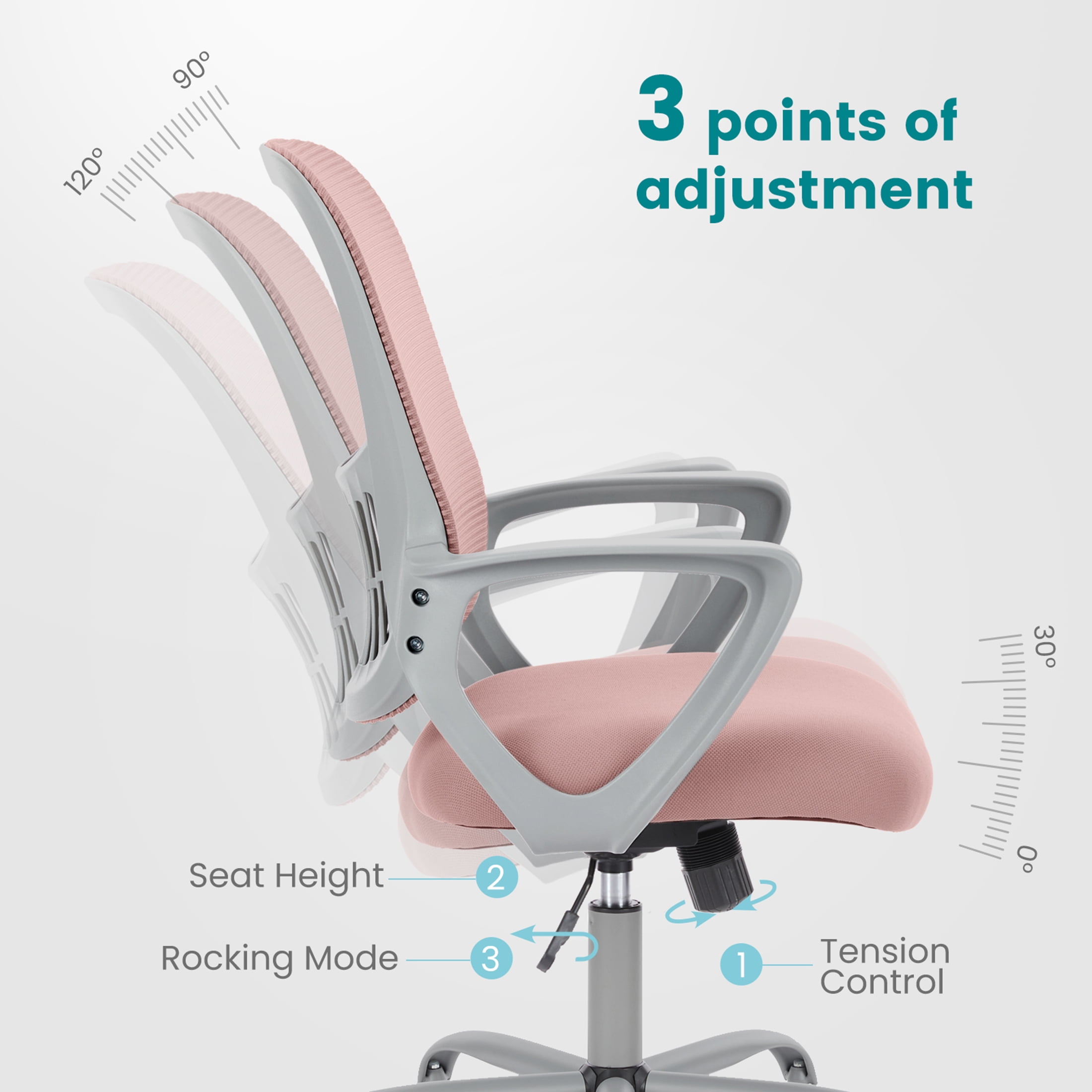 JOINSUN Office Mesh Chair, Ergonomic Mid-Back with Wheels, Lumbar Support, Armrests for Home, Pink