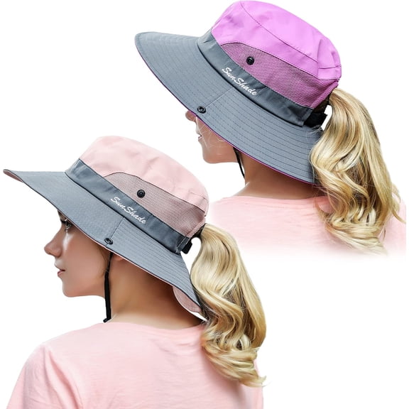 Minzimin 2 Pack Women Ponytail Summer Sun Hat UV Protection Wide Brim Foldable Safari Fishing Cap